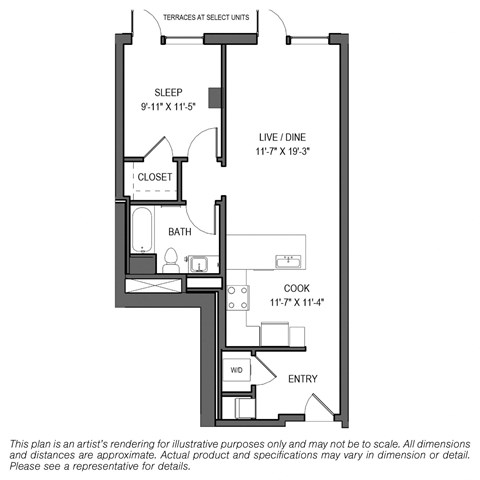 Floor plan for 1 bed, 1 bath, 726 sqft